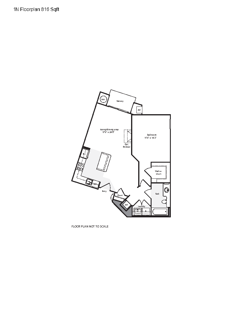 Floor plan for 1 bed, 1 bath, 816 sqft